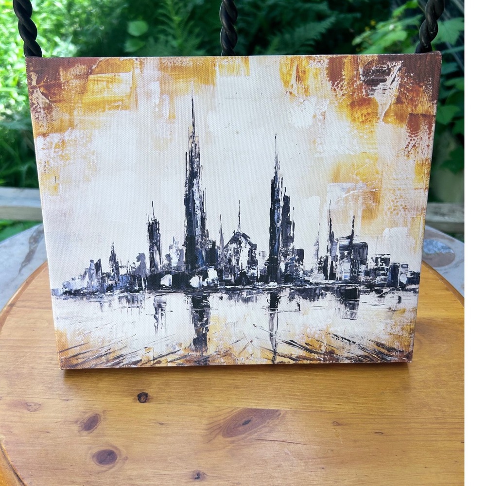 Abstract City Skyline Painting Original Acrylic Canvas Art Black Gold 10x8 Small